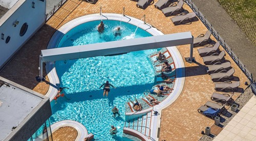 Aerial view, saltwater pool of the Olpe leisure pool, outdoor pool and indoor pool with sun
