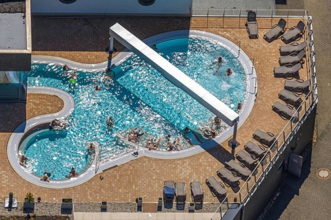 Aerial view, saltwater pool of the Olpe leisure pool, outdoor pool and indoor pool with sun