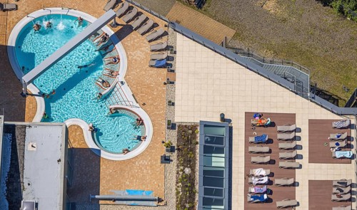 Aerial view, saltwater pool of the Olpe leisure pool, outdoor pool and indoor pool with sun