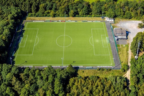 Aerial view, sports field TUS Rhode, grass pitch, artificial turf sports field, Sauerland, Rhode,