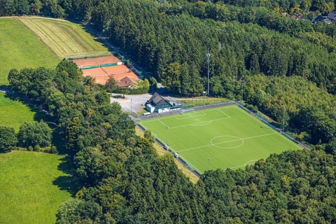 Aerial view, sports field TUS Rhode, grass pitch, artificial turf sports field, Sauerland, Rhode,