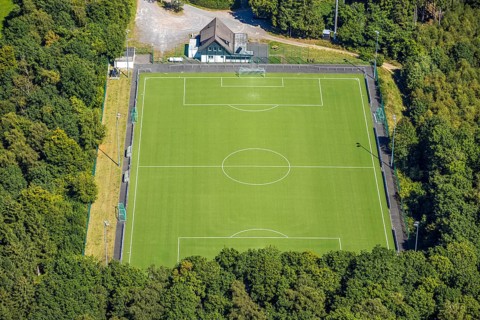 Aerial view, sports field TUS Rhode, grass pitch, artificial turf sports field, Sauerland, Rhode,