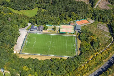 Aerial view, sports field TUS Rhode, grass pitch, artificial turf sports field, Sauerland, Rhode,