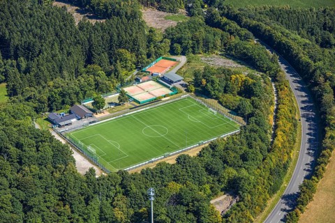 Aerial view, sports field TUS Rhode, grass pitch, artificial turf sports field, Sauerland, Rhode,