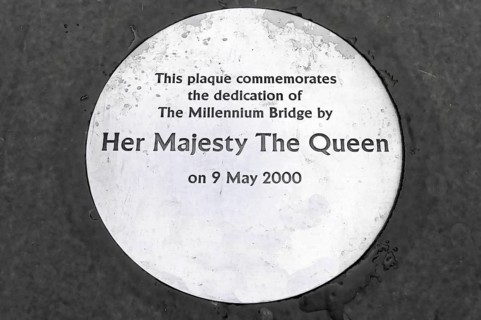 Plaque commemorating the inauguration of the Millennium Bridge by the Queen on 9 May 2000, London,
