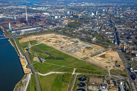 Aerial view, Rheinpark Duisburg on the river Rhine and planned residential complex RheinOrt