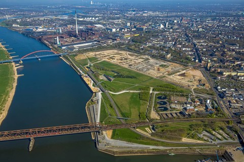 Aerial view, Rheinpark Duisburg on the river Rhine and planned residential complex RheinOrt