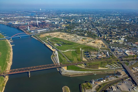Aerial view, Rheinpark Duisburg on the river Rhine and planned residential complex RheinOrt