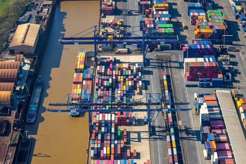 Aerial view, duisport port, logport I Rheinhausen, logport 1, container port, Duisburg port D3T