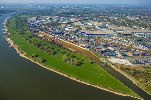 Aerial view, duisport harbour, logport I Rheinhausen, logport 1, container port, Duisburg harbour