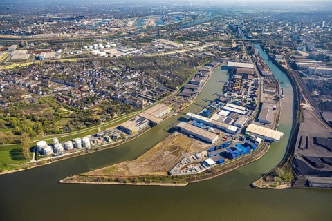 Aerial view, Neuenkamp parallel harbour and outer harbour, river Rhine, Hochfeld, Duisburg, Ruhr