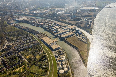 Aerial view, Neuenkamp parallel harbour and outer harbour, river Rhine, Hochfeld, Duisburg, Ruhr