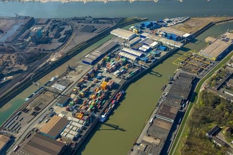 Aerial view, Neuenkamp parallel harbour and outer harbour, container terminal, river Rhine,
