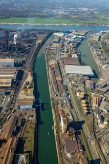 Aerial view, Neuenkamp parallel harbour and outer harbour, river Rhine, HTB Heavylift Terminal