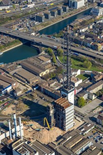 Aerial view, Neuenkamp parallel harbour and outer harbour, Duisburg municipal utility tower,