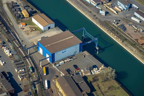 Aerial view, Neuenkamp parallel harbour and outer harbour, HTB Heavylift Terminal Duisburg