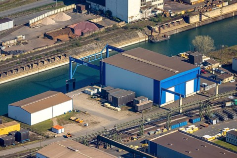 Aerial view, Neuenkamp parallel harbour and outer harbour, HTB Heavylift Terminal Duisburg
