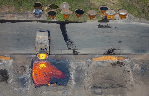 Aerial view, ArcelorMittal Hochfeld GmbH steel wire plant, dumping of red-hot material, Laar,