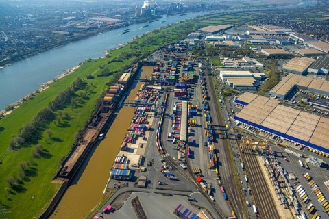 Aerial view, duisport harbour, logport I Rheinhausen, logport 1, container port, Duisburg harbour