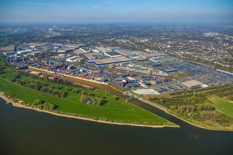 Aerial view, duisport harbour, logport I Rheinhausen, logport 1, container port, Duisburg harbour