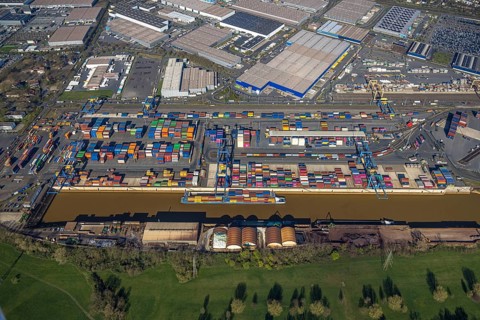Aerial view, duisport port, logport I Rheinhausen, container port, Duisburg port D3T Duisburg