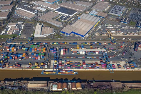 Aerial view, duisport port, logport I Rheinhausen, container port, Duisburg port D3T Duisburg
