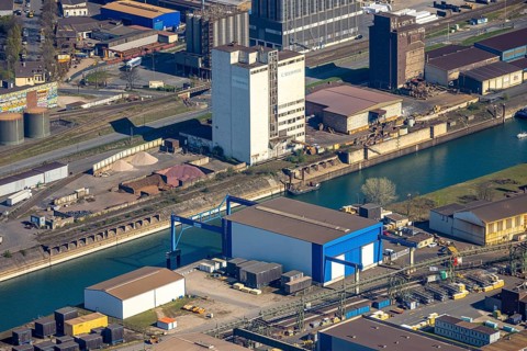 Aerial view, Neuenkamp parallel harbour and outer harbour, HTB Heavylift Terminal Duisburg