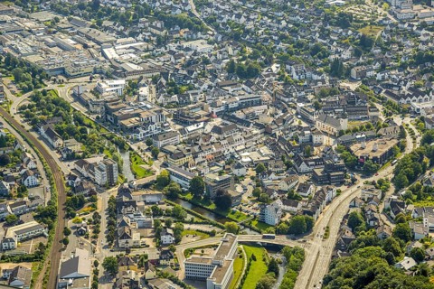 Aerial view, city centre view with Stiftsplatz and St. Walburga catholic church, car park