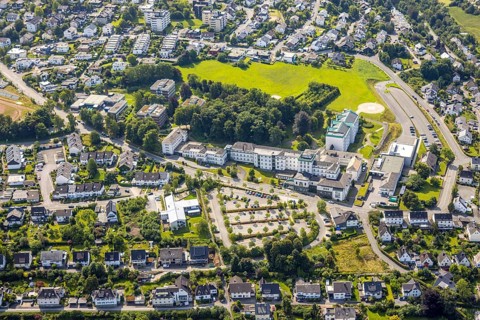 Aerial view, St. Walburga Hospital with helipad, St. Walburga Hospital car park, woodland and