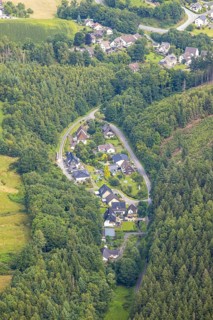 Aerial view, oval forest settlement Rümmecketal NSG nature reserve, Freienohl, Meschede, Sauerland,