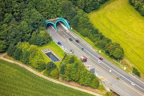 Aerial view, construction site at the motorway A 46 with tunnel entrance and tunnel exit Olpe,