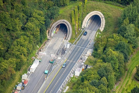 Aerial view, construction site at the motorway A 46 with tunnel entrance and tunnel exit Freienohl,
