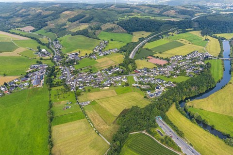 Aerial view, construction site at the motorway A 46 with tunnel entrance and tunnel exit Olpe,