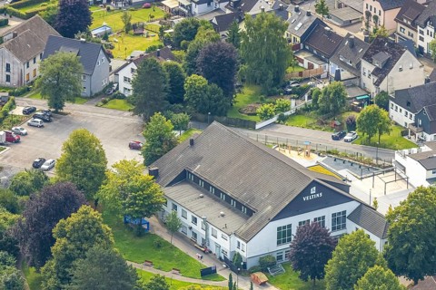 Aerial view, Schützenhalle Freienohl, Meschede, Sauerland, North Rhine-Westphalia, Germany,