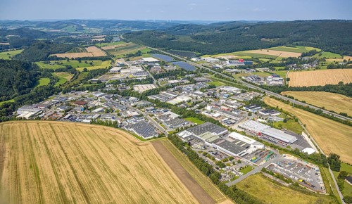 Aerial view, general view of the Enste industrial estate, citizen solar park photovoltaic solar