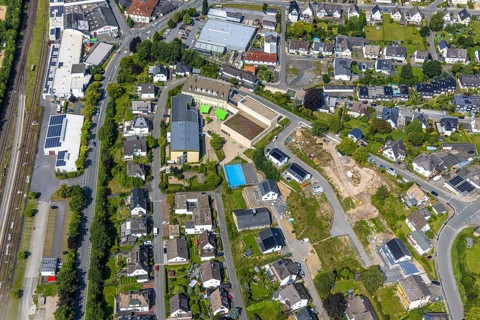 Aerial view, construction site An Klocken Kapelle, St. Walburga-Realschule with green awning,