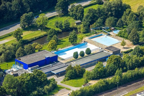 Aerial view, outdoor and indoor swimming pool Meschede without water, Meschede town, Meschede,