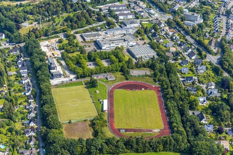 Aerial view, Dünnefeldstadion with side field, football stadium and athletics stadium, Berufskolleg