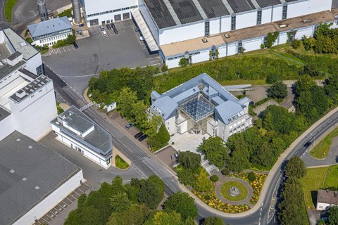 Aerial view, house with glass roof, flower bed and fountain of the brewery C. & A. VELTINS GmbH,