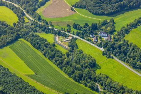 Aerial view, Haus Blessenohl iCastle and castle in the forest, former manor, bridge construction