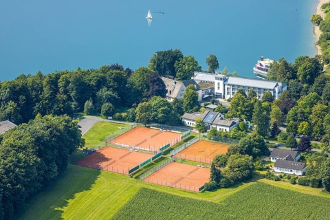 Aerial view, Welcome Hotel Meschede/Hennesee and tennis court, Hennesee with sailing boat, Meschede