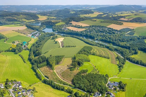 Aerial view, construction site near Obermielinghausen, Mielinghausen Henne forebay with Knaus