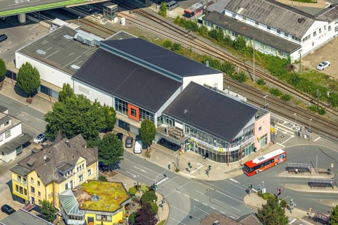 Aerial view, McDonald's at Le-Puy-Straße bus station, Meschede town, Meschede, Sauerland, North