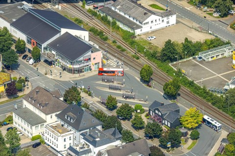 Aerial view, McDonald's and Tourist-Information at the bus station Le-Puy-Straße, Meschede-Stadt,