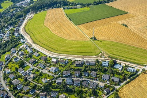 Aerial view, radio mast on a field Langelohweg, development plan Langeloh-West, Meschede town,