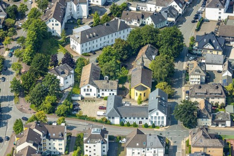 Aerial view, Christuskirche and parish hall, HSK music school, Meschede town, Meschede, Sauerland,