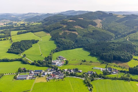 Aerial view, residential area local view district Herhagen surrounded by meadows and fields, forest