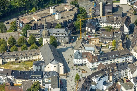 Aerial view, Stiftsplatz with St. Walburga catholic church, behind car park Stiftsplatz with