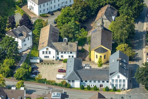 Aerial view, Christuskirche and parish hall, HSK music school, Meschede town, Meschede, Sauerland,