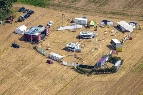Aerial view, music event fairground with stubble field party in Altenhellefeld, Sundern, Sauerland,
